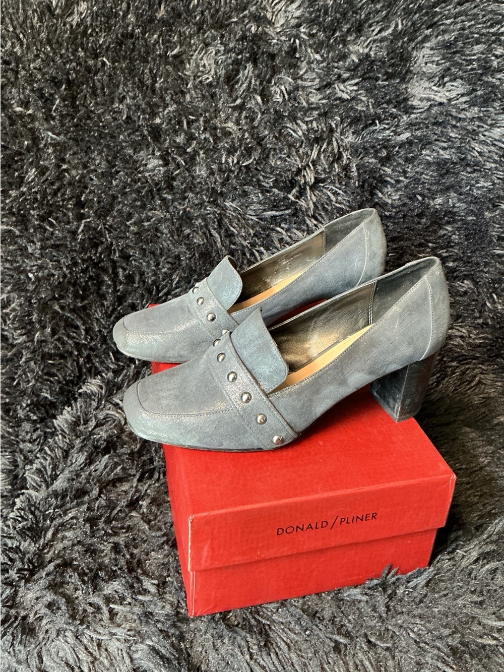 Donald J Pliner Gray Textured Block Heel Loafers / Pumps